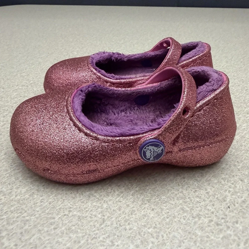 Crocs Classic Pink Glitter Lined Mary Jane Slip On Shoes Youth Girls Size C 7